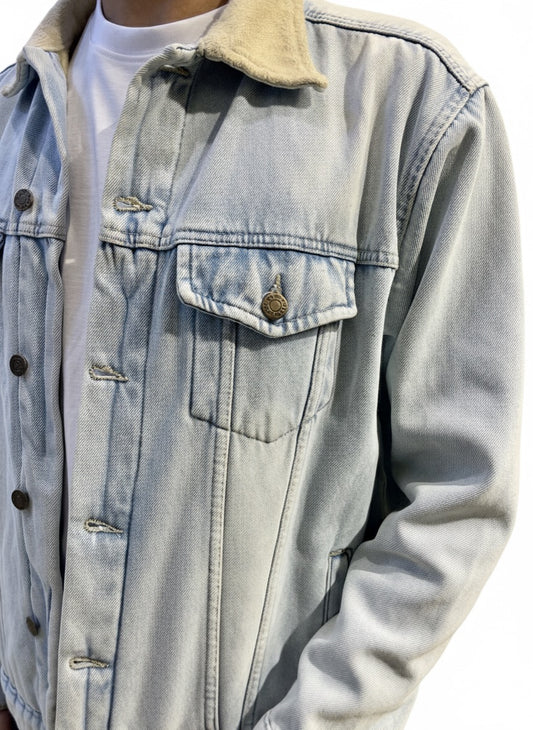 Men's Light Wash Sherpa Collar Denim Jacket - Classic Box Fit